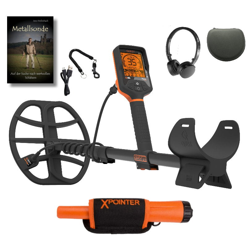 Quest Q35 Metalldetektor mit Funkkopfhörer & Xpointer Pinpointer (orange) & Schatzsucherhandbuch