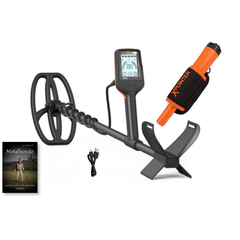 Quest X5 IDMaxX Metalldetektor & Xpointer Pinpointer (orange) & Schatzsucherhandbuch