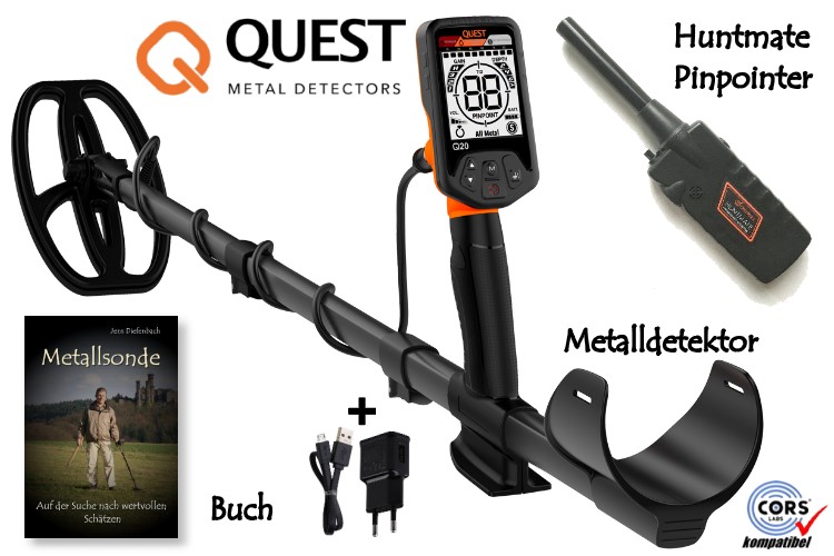 Quest Q20 Metalldetektor & Huntmate Pinpointer & Schatzsucherhandbuch