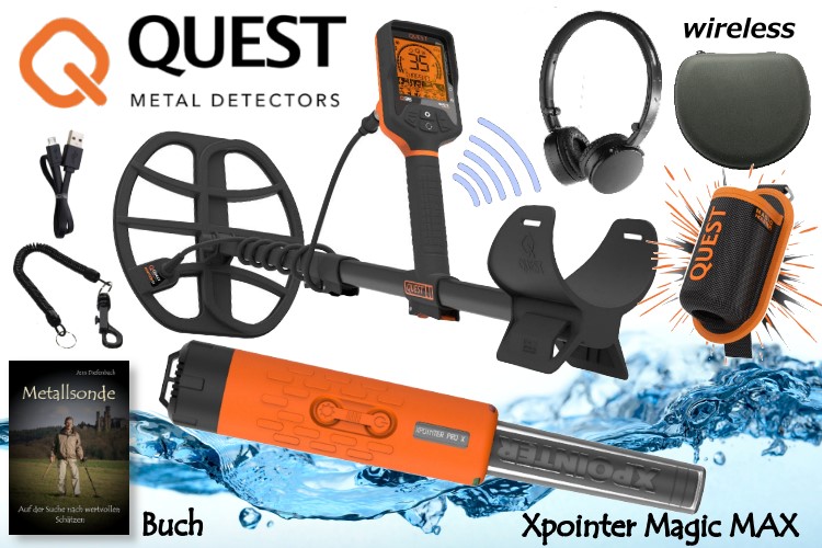 Quest Q35 Metalldetektor mit Funkkopfhörer & Xpointer Magic MAX Pinpointer & Schatzsucherhandbuch